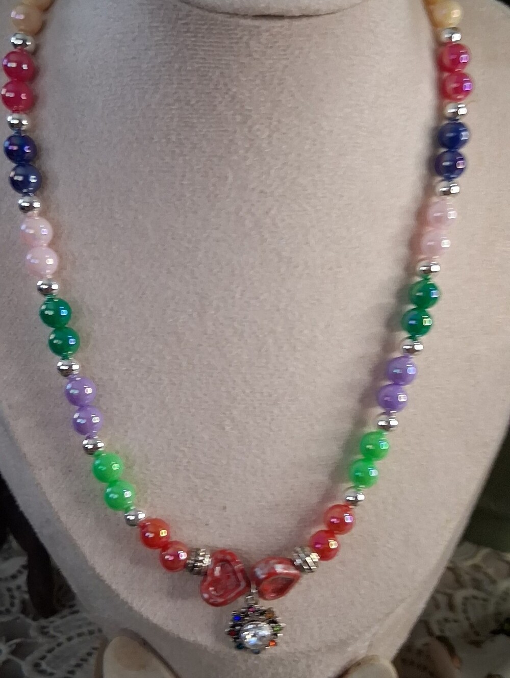 Multicolor Beaded Pendant Necklace - Vibrant Green, Purple, Red, Pink, Blue